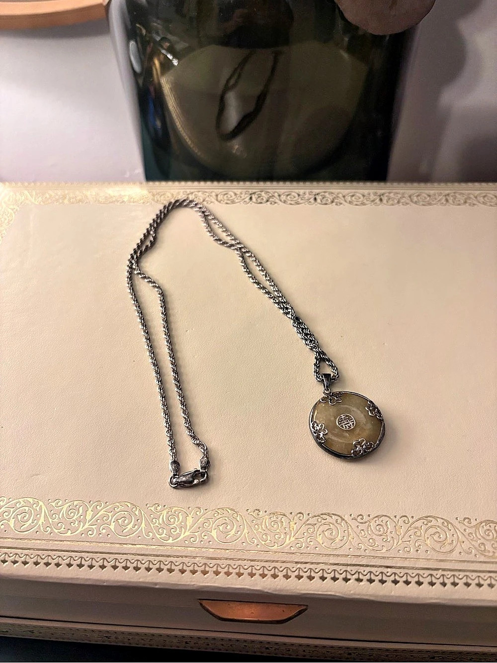 Vintage Sterling Silver Chinese Double Happiness Pendant Necklace with Jade